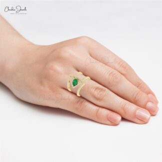 Teardrop Wedding Ring In Solid 14k Gold Emerald 7x5mm Gemstone And Diamond Rings