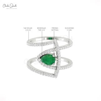 Teardrop Wedding Ring In Solid 14k Gold Emerald 7x5mm Gemstone And Diamond Rings