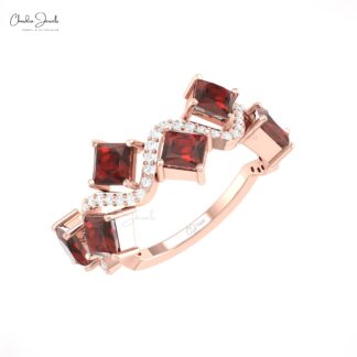 Cluster Diamond Ring In Solid 14k Gold Red Garnet 4mm Square Cut Half Eternity Rings