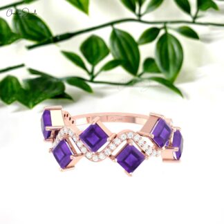 Real 14k Gold Half Eternity Ring With 0.72 Ct Amethyst And Diamond Proposal Rings For Her