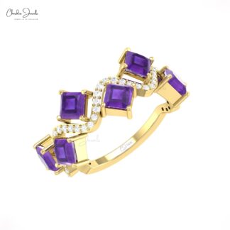 Real 14k Gold Half Eternity Ring With 0.72 Ct Amethyst And Diamond Proposal Rings For Her