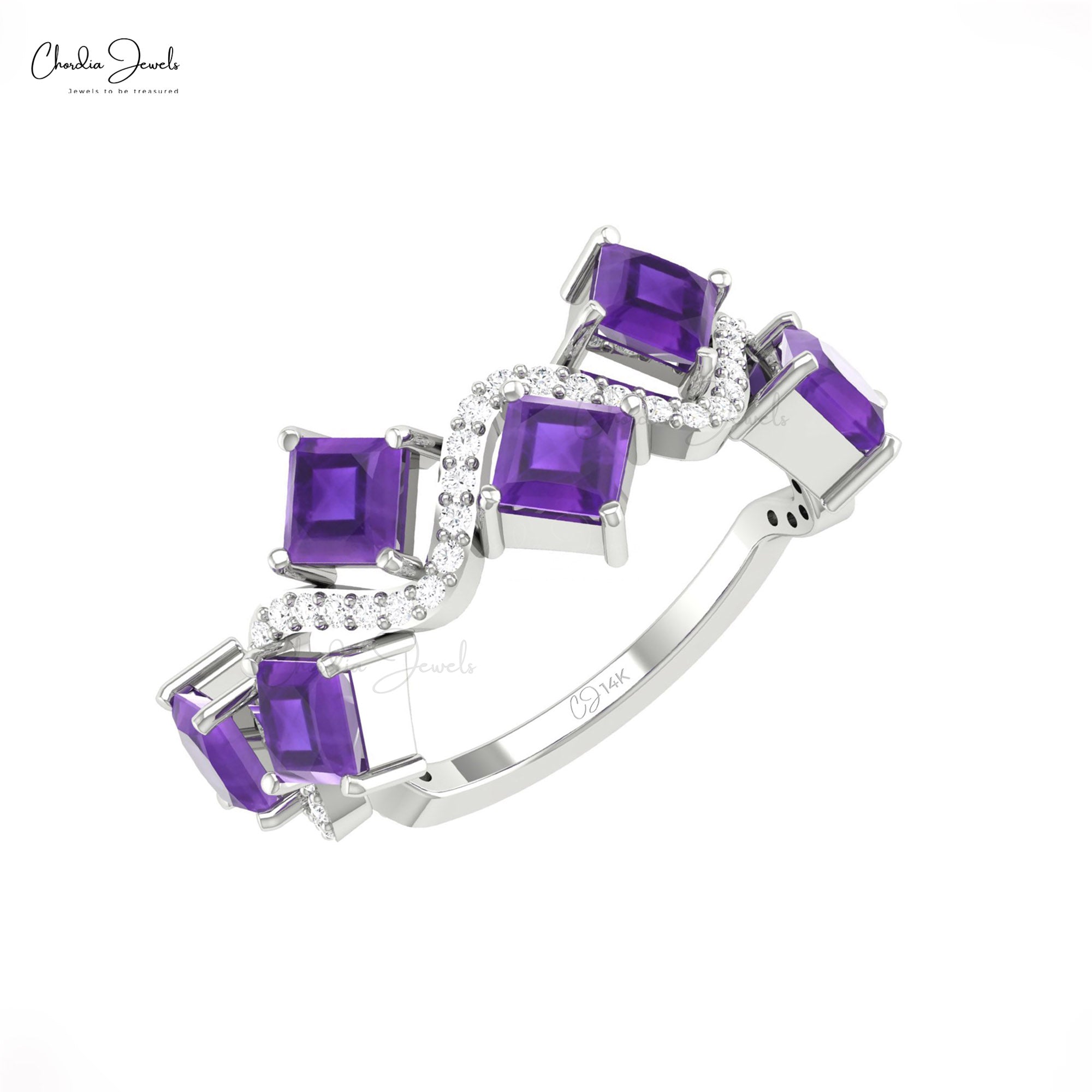 Real 14k Gold Half Eternity Ring With 0.72 Ct Amethyst And Diamond Proposal Rings For Her