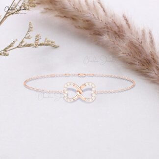 Delicate Double Heart Bracelet With 1.20mm White Diamond 14k Real Gold Arm Barcelets