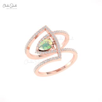 Cocktail Style Curved Ring With 0.63 Ct Fire Opal G-H Diamond Pave Set In 14k Gold Rings