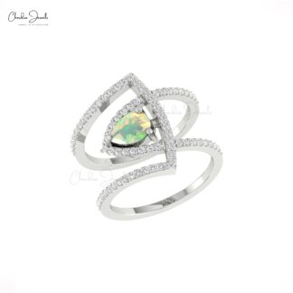 Cocktail Style Curved Ring With 0.63 Ct Fire Opal G-H Diamond Pave Set In 14k Gold Rings