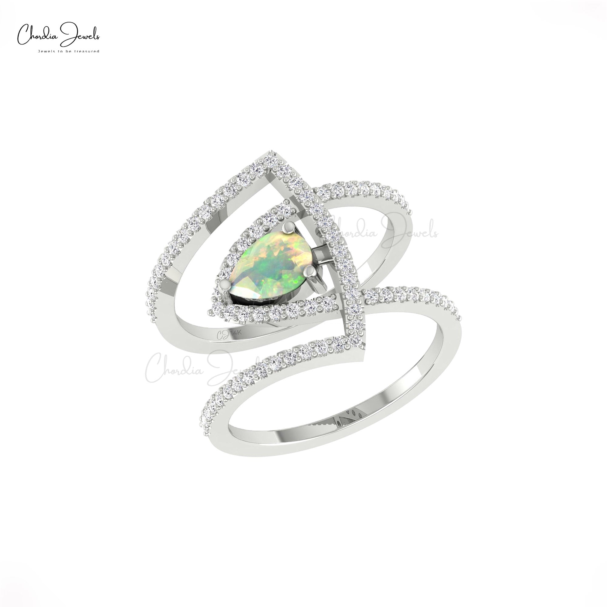 Cocktail Style Curved Ring With 0.63 Ct Fire Opal G-H Diamond Pave Set In 14k Gold Rings