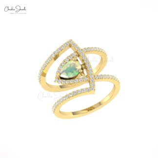 Cocktail Style Curved Ring With 0.63 Ct Fire Opal G-H Diamond Pave Set In 14k Gold Rings