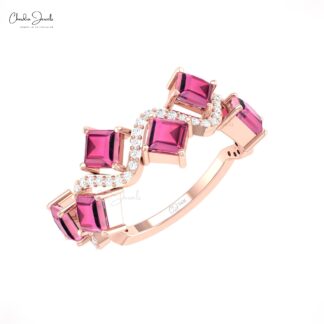AAA Pink Tourmaline 6 Stone Ring In 14k Solid Gold G-H Diamond Engagement Rings