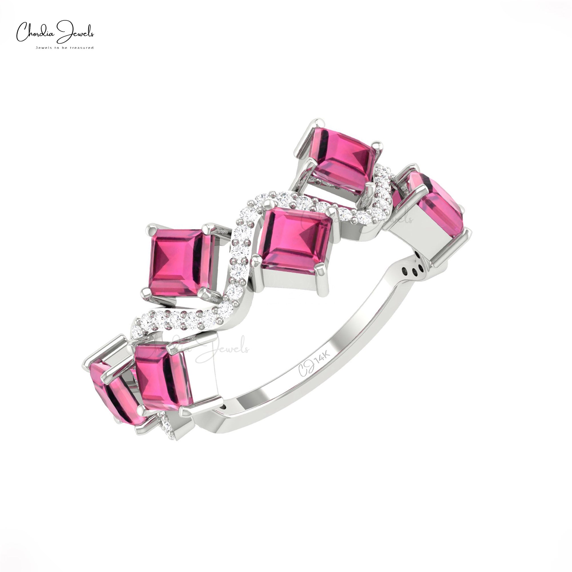 AAA Pink Tourmaline 6 Stone Ring In 14k Solid Gold G-H Diamond Engagement Rings