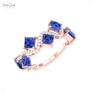 Dual Birthstone Half Eternity Ring With 4mm Tanzanite Diamond Pave In 14k Real Gold Ring