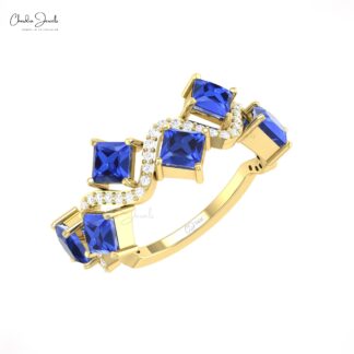 Dual Birthstone Half Eternity Ring With 4mm Tanzanite Diamond Pave In 14k Real Gold Ring