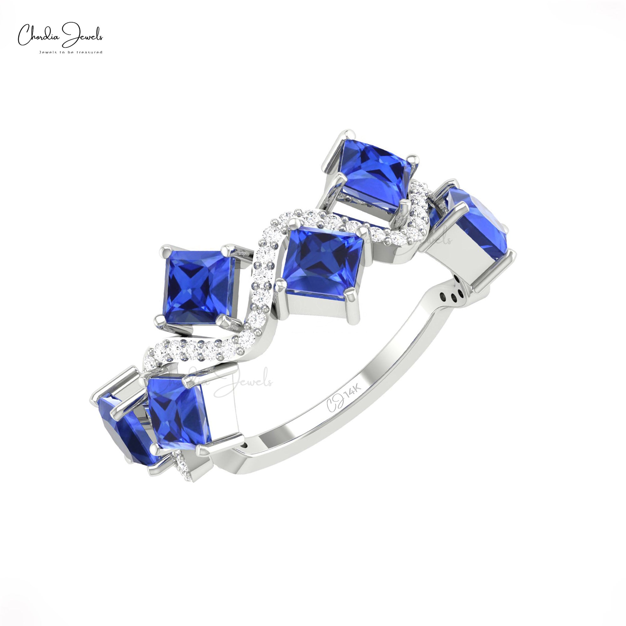 Dual Birthstone Half Eternity Ring With 4mm Tanzanite Diamond Pave In 14k Real Gold Ring