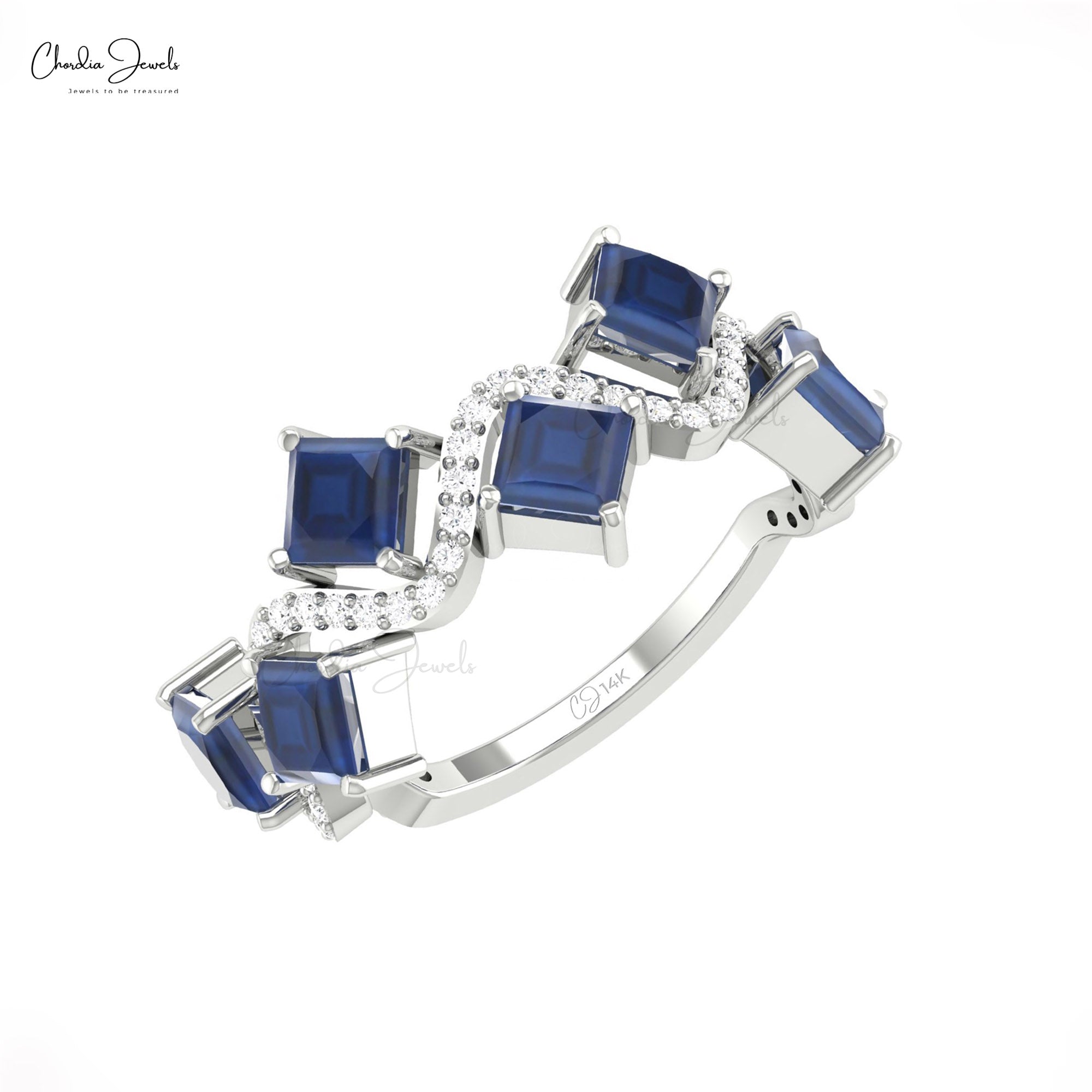 Delicate Diamond Halfway Ring With 0.72 Ct Blue Sapphire 14k Pure Gold Wave Bridal Ring