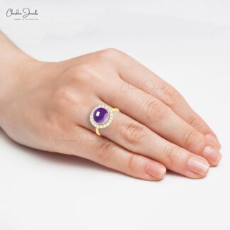 Bezel Set Statement Ring With 10mm Amethyst And Diamond Pave In 14k Real Gold Halo Rings