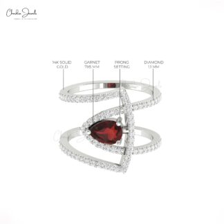 Diamond Overlapping Ring With 7x5mm Garnet January Birthstone Cocktail Ring In 14k Gold