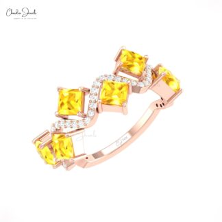 Diamond Wave Promise Ring In Solid 14k Gold Yellow Sapphire September Birthstone Rings
