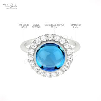 Statement Gemstone Ring In 14k Real Gold Swiss Blue Topaz And Diamond Halo Bridal Rings