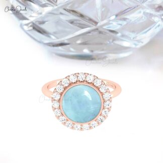 Halo Engagement Ring In 14k Pure Gold Aquamarine 2.45 Ct Cabochon And Diamond Rings