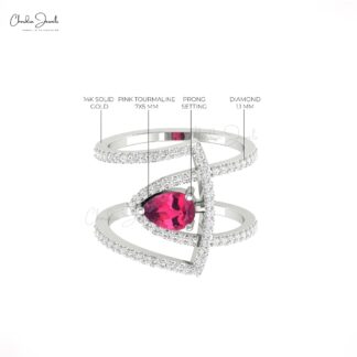 Teardrop Pink Tourmaline Ring In Solid 14k Gold Gemstone Diamond Curved Statement Ring
