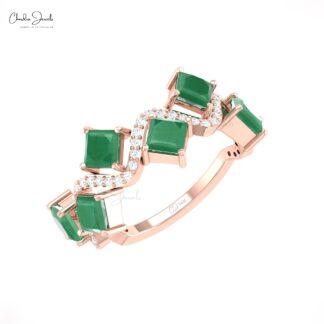 Half Eternity 6 Stone Ring With 4mm Emerald Gemstone And Diamond 14k Solid Gold Rings