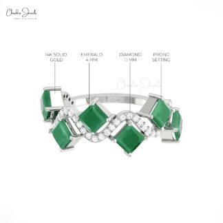 Half Eternity 6 Stone Ring With 4mm Emerald Gemstone And Diamond 14k Solid Gold Rings