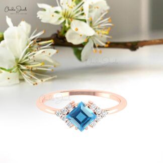 AAA Swiss Blue Topaz Half Halo Ring In Solid 14k Gold Gemstone Diamond Fine Jewelry