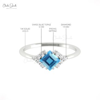 AAA Swiss Blue Topaz Half Halo Ring In Solid 14k Gold Gemstone Diamond Fine Jewelry