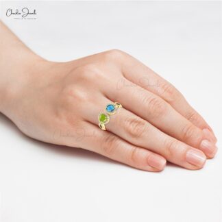 Dual Halo Wedding Ring In 14k Solid Gold Peridot And Blue Topaz Diamond Handmade Rings