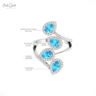 Statement Cocktail Ring With 1.5 Ct Swiss Blue Topaz Halo Diamond 14k Real Gold Unique Ring