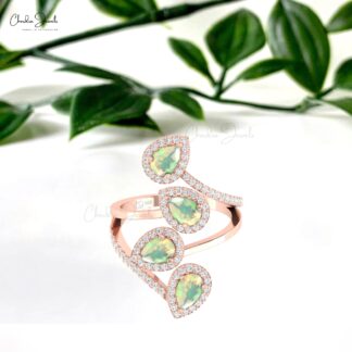 Pear Cut Statement Ring In 14k Real Gold Fire Opal 6x4mm And Diamond Halo Women Rings