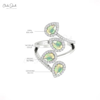 Pear Cut Statement Ring In 14k Real Gold Fire Opal 6x4mm And Diamond Halo Women Rings