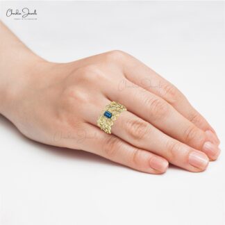 Solid 14k Gold Cocktail Ring With 0.6 Ct London Blue Topaz And Pave Diamond Cluster Ring