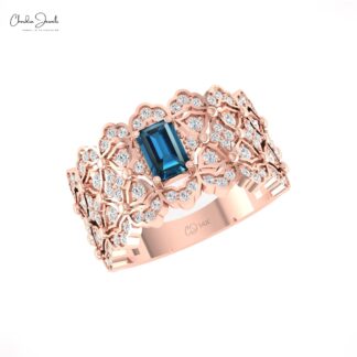 Solid 14k Gold Cocktail Ring With 0.6 Ct London Blue Topaz And Pave Diamond Cluster Ring