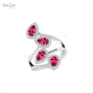 Real 14k Gold Halo Ring With 1.48 Ct Pink Tourmaline Diamond Cocktail Leaf Bridal Rings