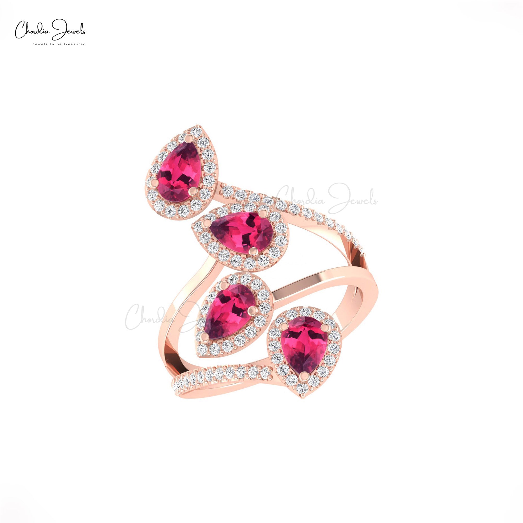 Real 14k Gold Halo Ring With 1.48 Ct Pink Tourmaline Diamond Cocktail Leaf Bridal Rings