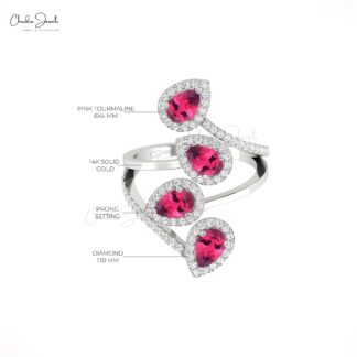 Real 14k Gold Halo Ring With 1.48 Ct Pink Tourmaline Diamond Cocktail Leaf Bridal Rings