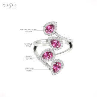 Diamond Halo Wrap Ring In 14k Pure Gold Rhodolite Garnet 6x4mm Gemstone Wedding Rings