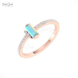 Baguette Engagement Ring In 14k Real Gold Fire Opal 6x3mm Gemstone Diamond Dainty Rings