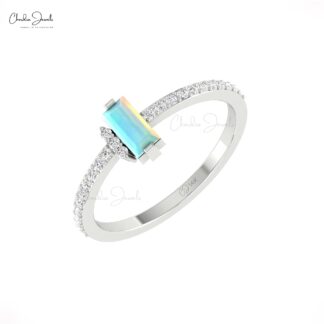 Baguette Engagement Ring In 14k Real Gold Fire Opal 6x3mm Gemstone Diamond Dainty Rings