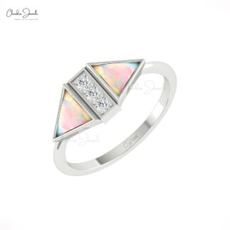 Solid 14k Gold Diamond Accents Ring With 6mm Fire Opal October Birthstone Rings For Her