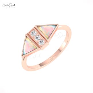 Solid 14k Gold Diamond Accents Ring With 6mm Fire Opal October Birthstone Rings For Her