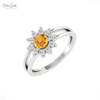 Dual Shank Engagement Ring In Pure 14k Gold Citrine 5mm Round Cut Diamond Floral Rings