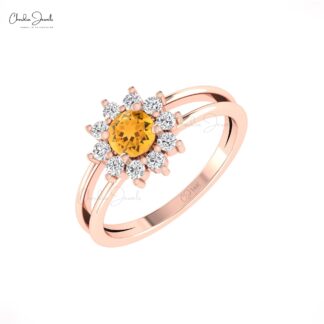 Dual Shank Engagement Ring In Pure 14k Gold Citrine 5mm Round Cut Diamond Floral Rings