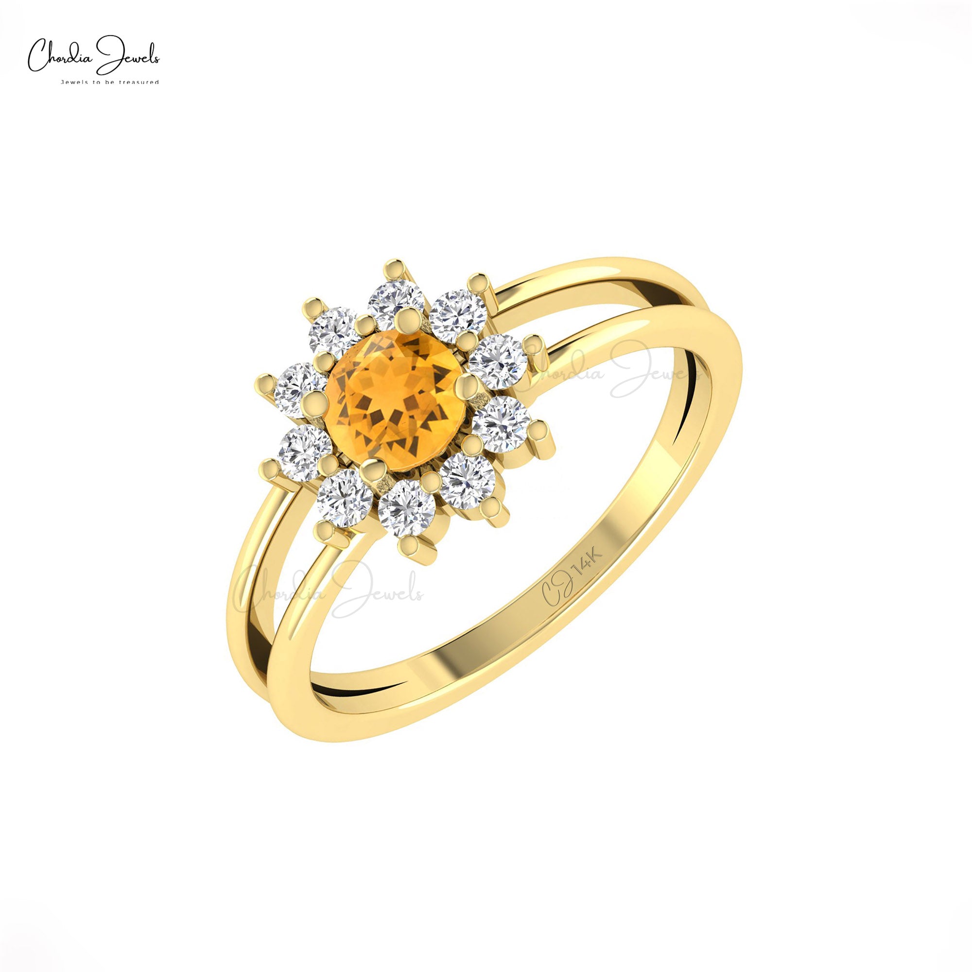 Dual Shank Engagement Ring In Pure 14k Gold Citrine 5mm Round Cut Diamond Floral Rings