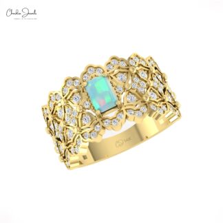 Delicate Cluster Diamond Ring With 6x4mm Fire Opal Prong Set In 14k Real Gold Bridal Rings