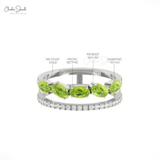 Natural Peridot Twin Shank Band With 5x3mm Oval Cut And Diamond 14k Solid Gold Rings