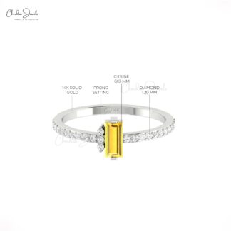 Real 14k Gold Baguette Dainty Ring With 0.32 Ct Citrine And Diamond Minimal Rings For Her