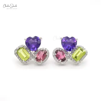 Multi Stone Halo Stud Earrings In 14K White Gold