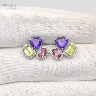 Multi Stone Halo Stud Earrings in 14K White Gold