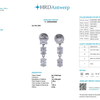 1.85 Carat White Diamond Dangle Earrings in 14K White Gold